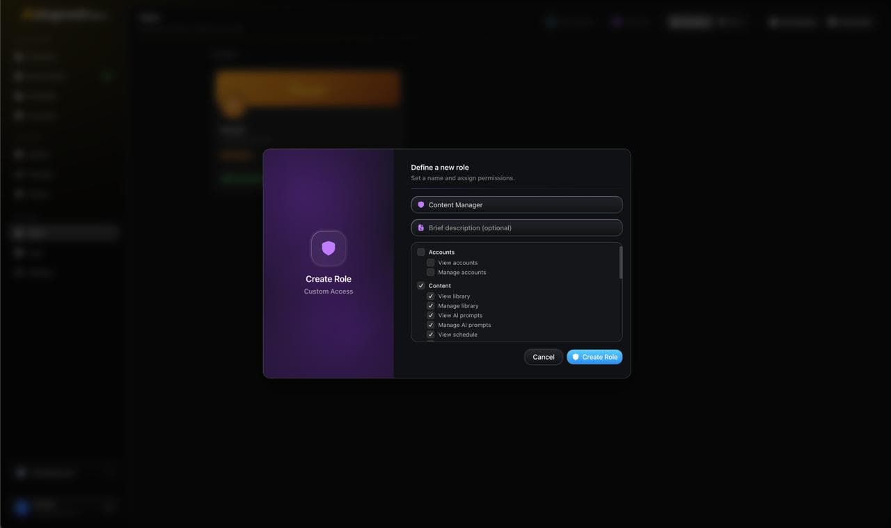 Team role management interface showing custom permission settings and role creation