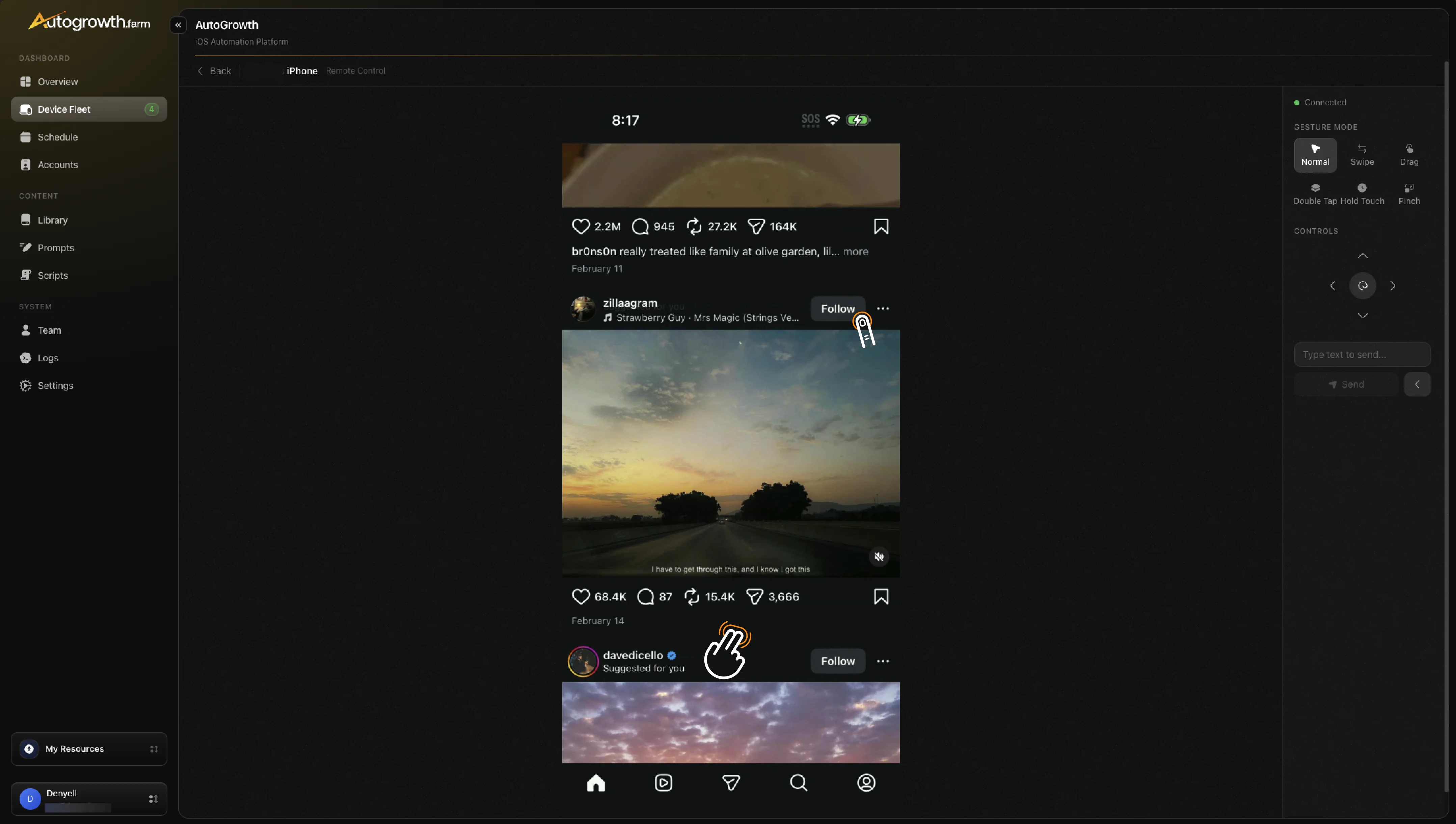 Remote control interface showing live iOS device streaming with gesture controls and real-time interaction
