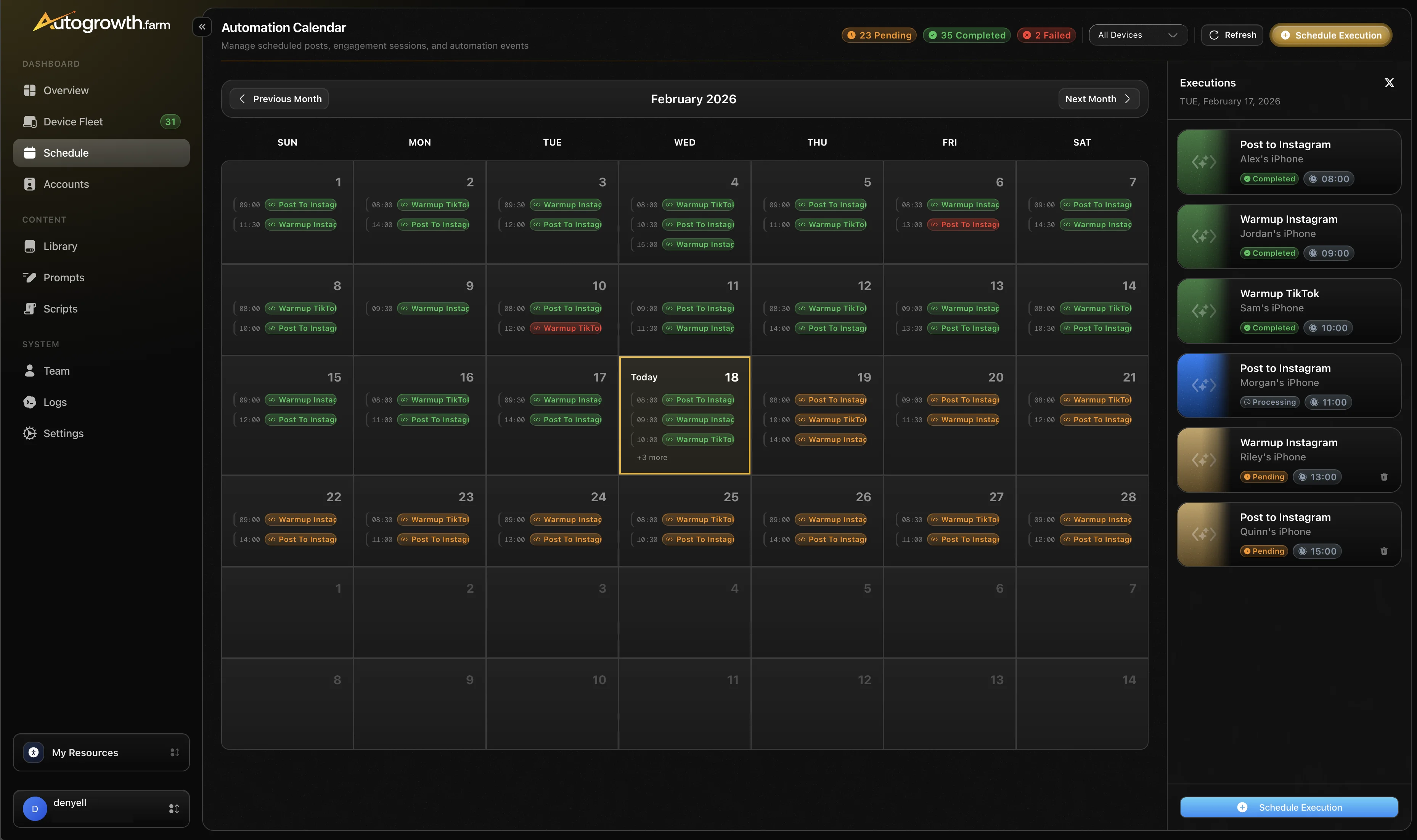 AutogrowthFlow scheduling calendar interface showing scheduled Instagram scripts across multiple days in February 2026